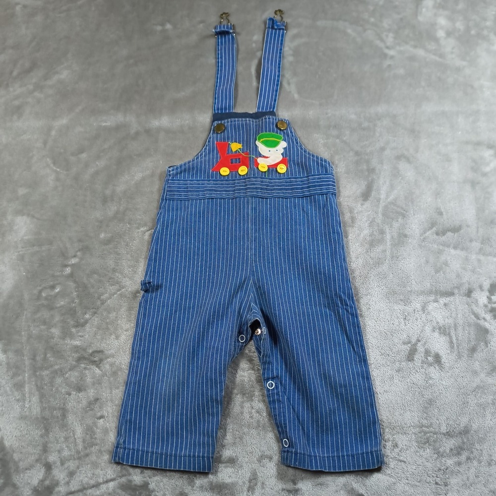 Vintage By Thomas Overalls Baby 12M Blue Pinstripe Train Cartoon Made In USA 80s